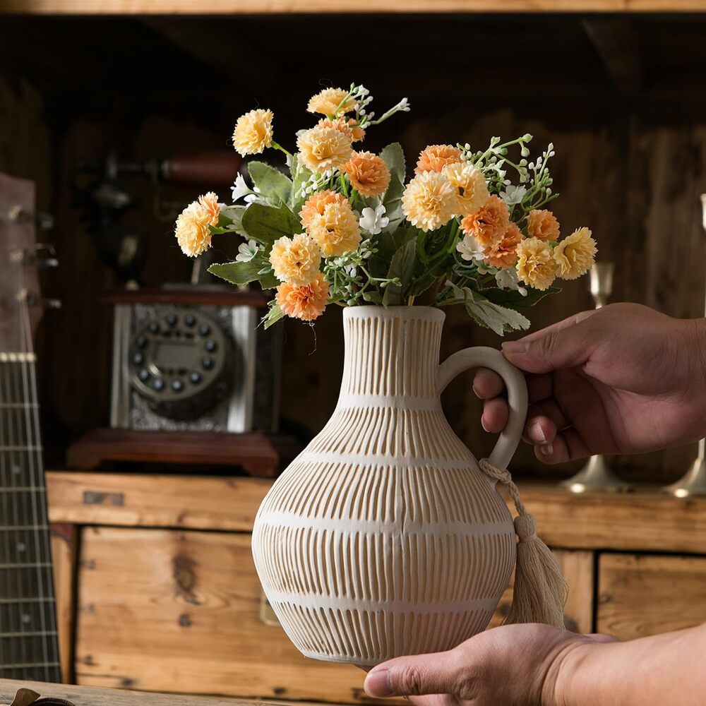 Rustic Ceramic Vase, Farmhouse Pampas Grass, Terracotta Tassel, Clay 8 inch Tall
